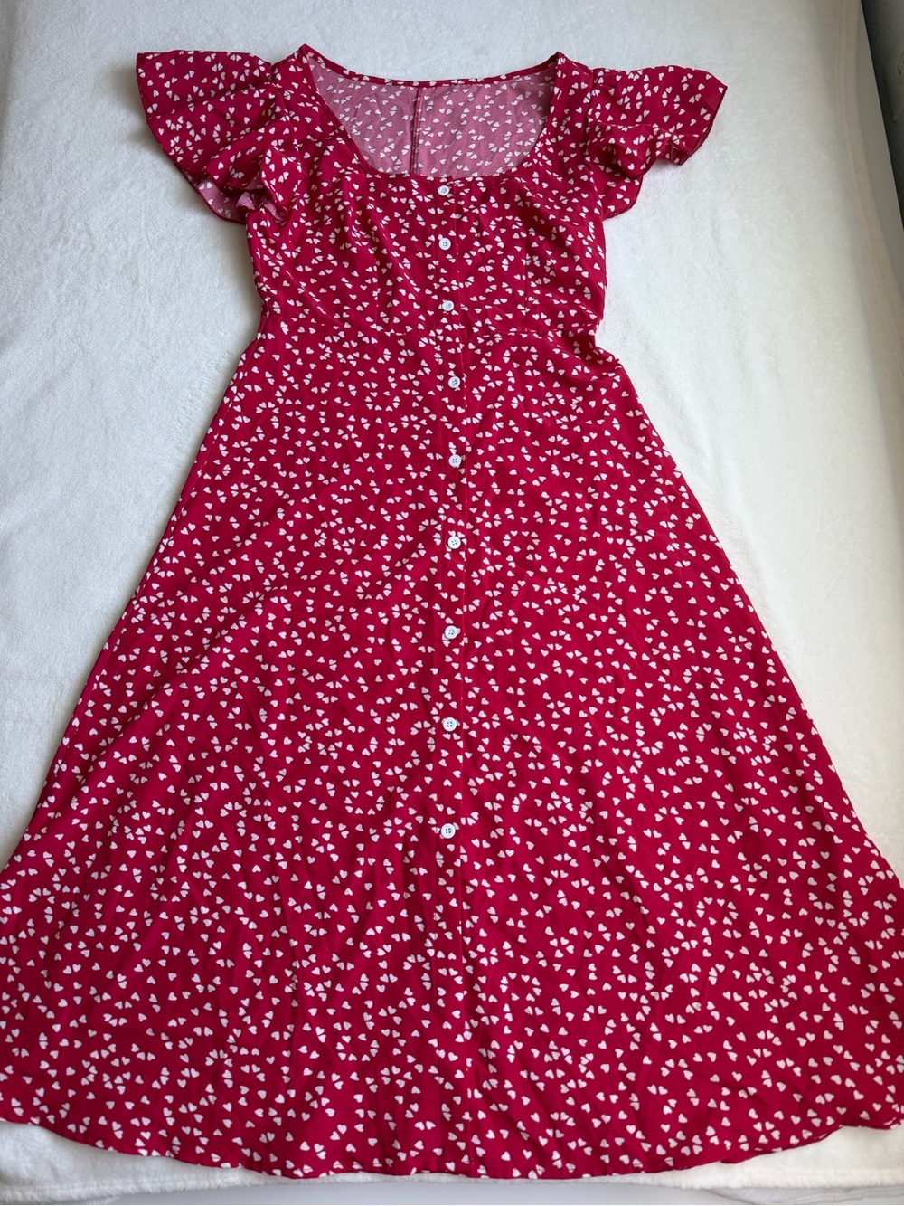 SHEIN Red Heart-Print Button-Front Midi Dress